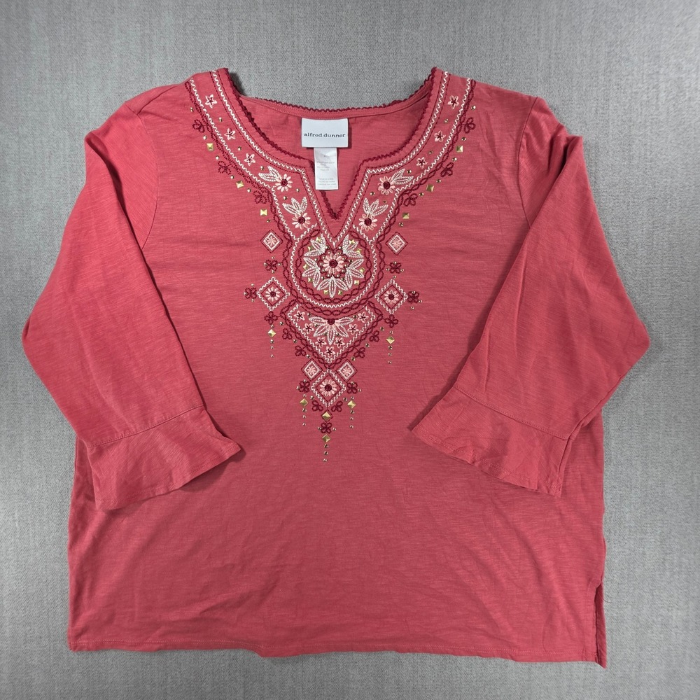Alfred Dunner Top Women XL Coral Pink Embroidered Studded 3/4 Bell Sleeve Blouse